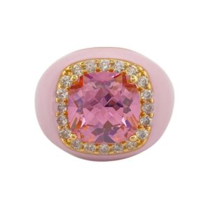 Anillo aura plata dorada con esmalte y piedras central rosa. SO003371
