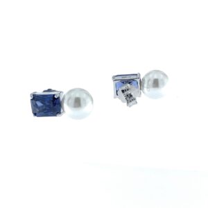 Pendientes Aura perla y piedra rectangular color azul.EA008289