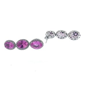 Pendientes Aura Plata colgantes tres piedras ovaladas color rosa con cerco de piedras blancas.EA009018
