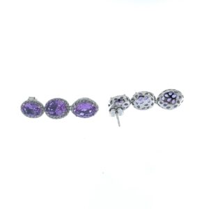 Pendientes Aura Plata colgantes tres piedras ovaladas color malva con cerco de piedras blancas.EA009053
