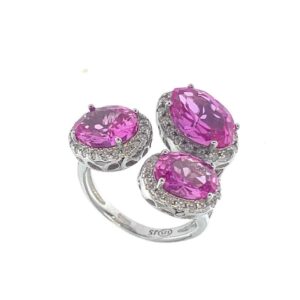 Anillo Aura Plata abierto tres piedras ovaladas rosas.RI004422