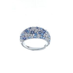 Anillo Aura Plata ajustable con piedras blancas y diversas tonalidades de azul.RI004225