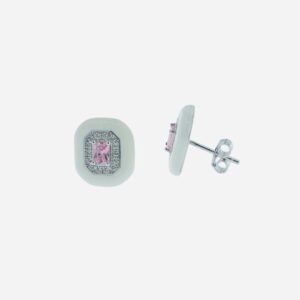 Pendientes aura plata hexagonal esmalte blanco y circonita rosa. EZB 92413