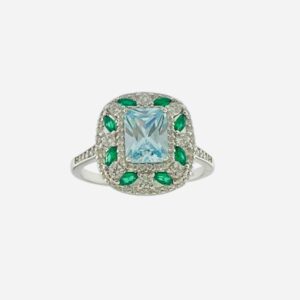 Anillo aura Plata Karen Rectangular Aguamarina, Verde y Blanco. RZB118317